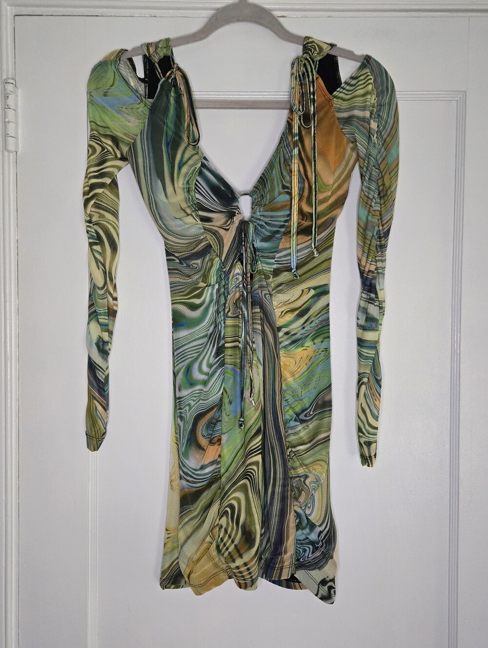 Dolls Kill Swirl Mini Dress Green Yellow Long Sleeve Y2K Bodycon